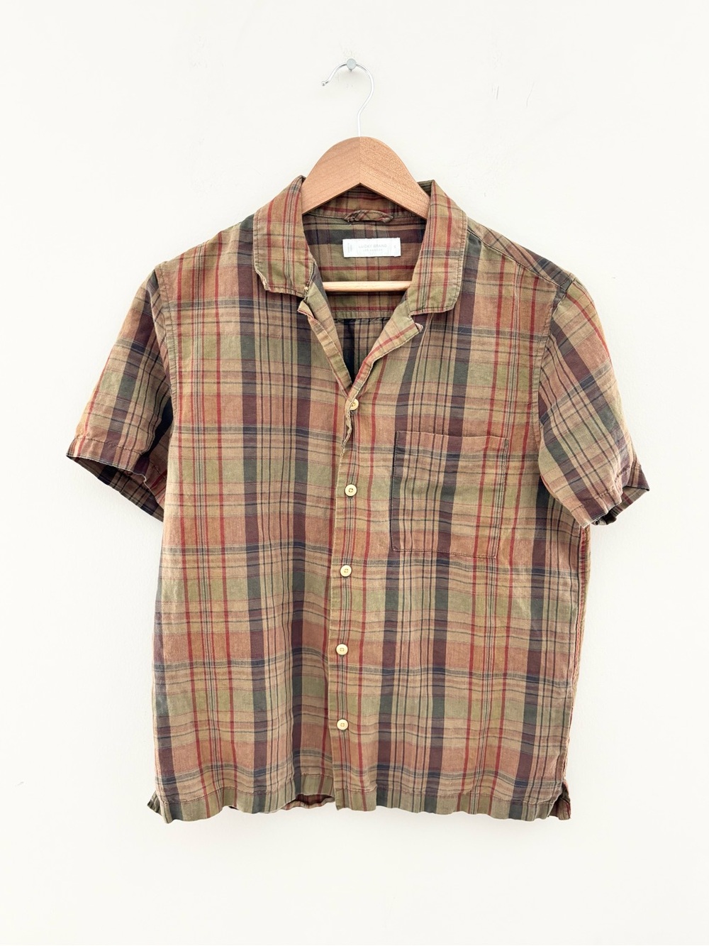 Lucky Brand 100% Linen Plaid Camp Collar Button Up Shirt Men's Small Earth Tone